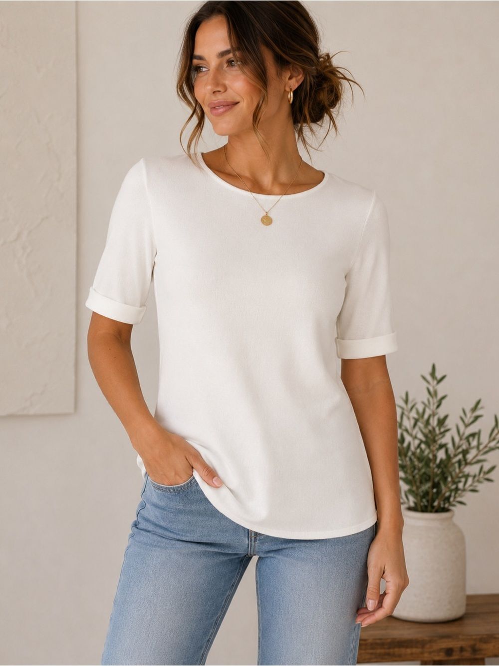 Escada White Short Cuffed Sleeve Crew Neck Top Size M